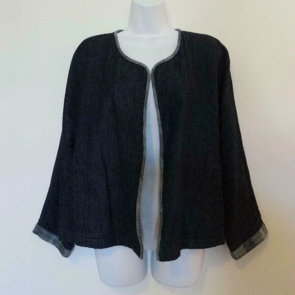 NWT EILEEN FISHER Denim Cotton Indigo Doubleweave Open Round Neck Jacket Medium - Picture 1 of 7